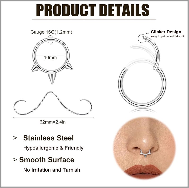 ONESING 20-30 Pcs Septum Rings 16G Septum Jewelry - Surgical Steel Piercings Horseshoe Helix Daith Smiley Tragus Lip Rings Nose Hoop Hinged Seamless Piercing Jewelry for Women Men - Image 2
